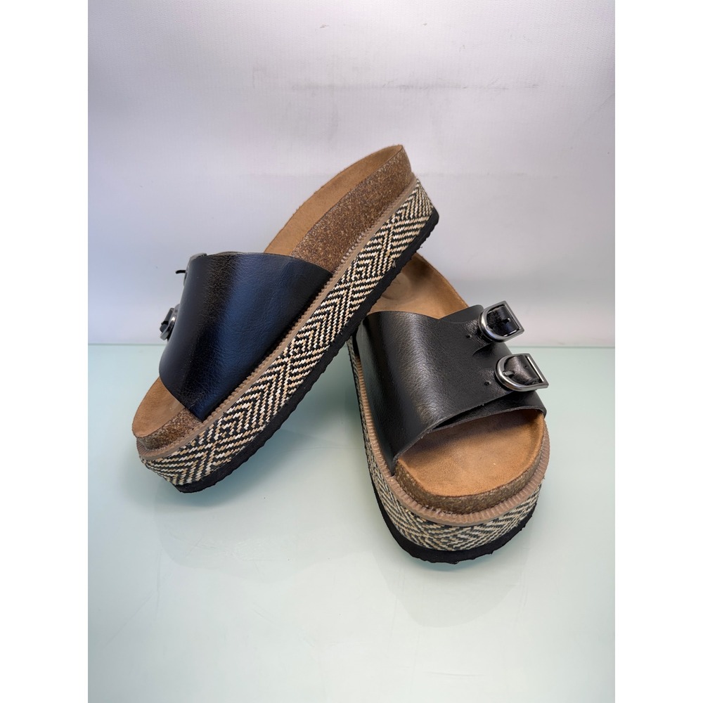 NOBO Double Buckle Platform Slide Sandals Black Boho Flatform Comfort Slides Sz7